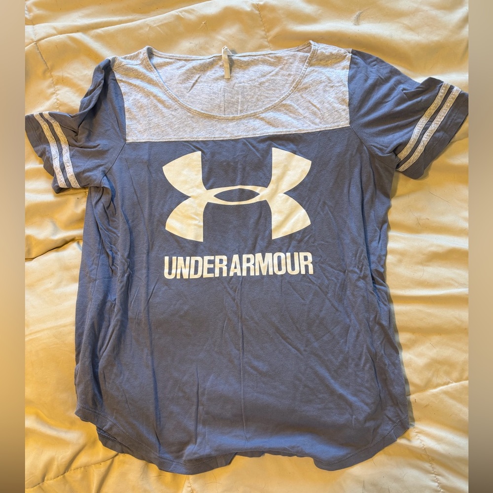 Under Armour Navy Blue Tee with Light Gray Yoke & White Logo